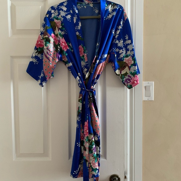 Other - Blue Floral Satin Kimono Robe
